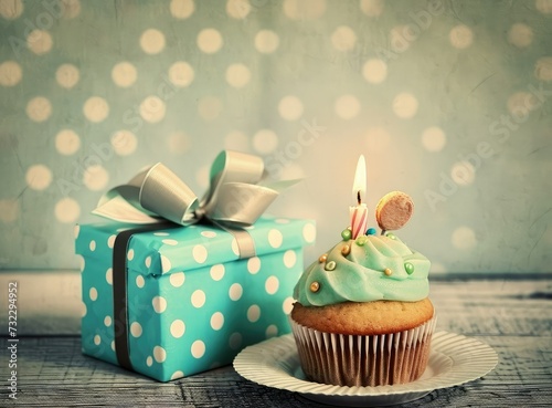 A birthday cupcake and gift, rerto style, copy space. photo