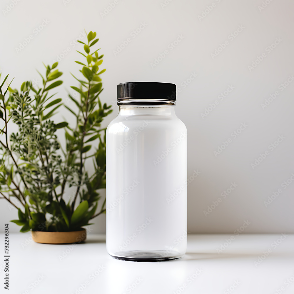 A mockup of a blank supplement bottle white background with plants A mockup of a blank supplement bottle white background with plants