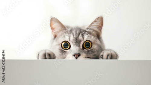 cute little british shorthair kitten peeking out from behind a white wall