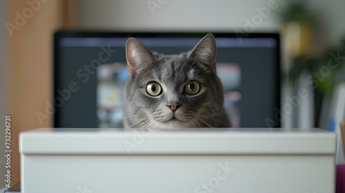 cute little british shorthair kitten peeking out from behind a white table 