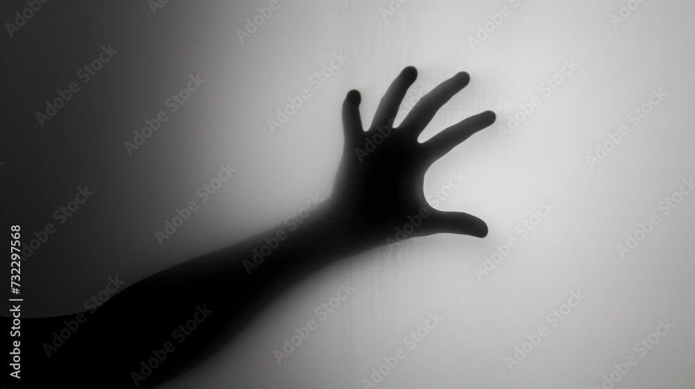 Hand silhouette on grey background. Blurred human hand shape out of focus