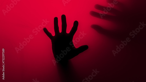Hand silhouette on red background. Blurred human hand shape out of focus