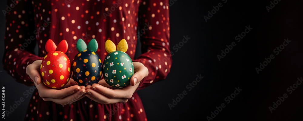 Store-bought Easter eggs with decorative designs - Holding colorful painted eggs in hands