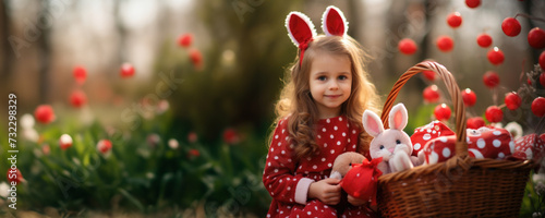Adorable little girl holding a basket full of stuffed animals
