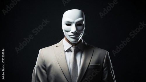 A businessman in a white mask