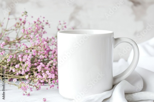 White coffee mug mockup with flower bouquet.