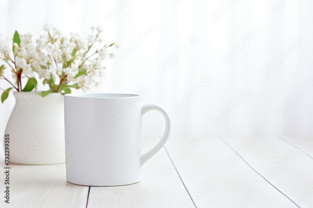 White coffee mug mockup with flower bouquet. White coffee mug mockup with flower bouquet.