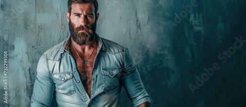 In the darkness, a fictional character with a disfigured jaw and an electric blue beard, dressed in a denim shirt, stands before a blue wall. It is a piece of art, reminiscent of an action film scene. photo