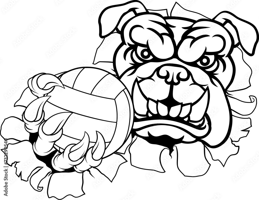 A bulldog dog volleyball animal sports mascot holding a volley ball in his claw A bulldog dog volleyball animal sports mascot holding a volley ball in his claw