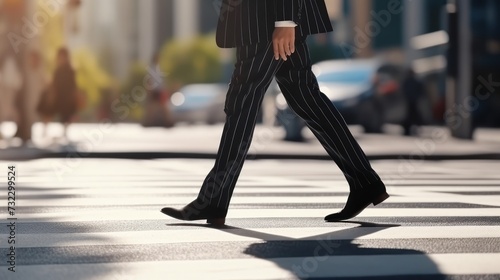 Close-up of legs Businessman crossing the street on the crosswalk in the city.