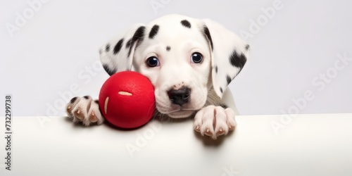 Dalmatian Puppy Chewing on Red Ball