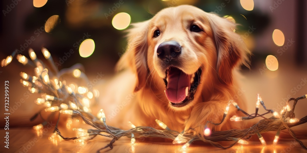 Golden Retriever Laying on Floor With Christmas Lights Golden Retriever Laying on Floor With Christmas Lights