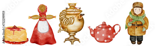 Wide Shrovetide horizontal set on isolated white background with samovar, pancakes, straw effigy and child with rooster. Cute traditional national traditional pictures with bagels and teapot © Татьяна Трущелева