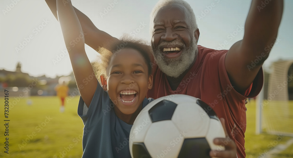 Victory Cheer: Joyful Grandfather and Grandchild Celebrating a Soccer Win - obrazy, fototapety, plakaty 