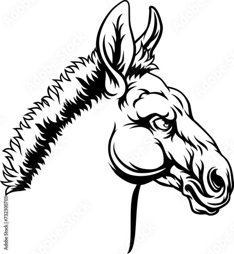 A tough looking donkey. Could be the symbol for the American democrat political party in election politics or a sports mascot.