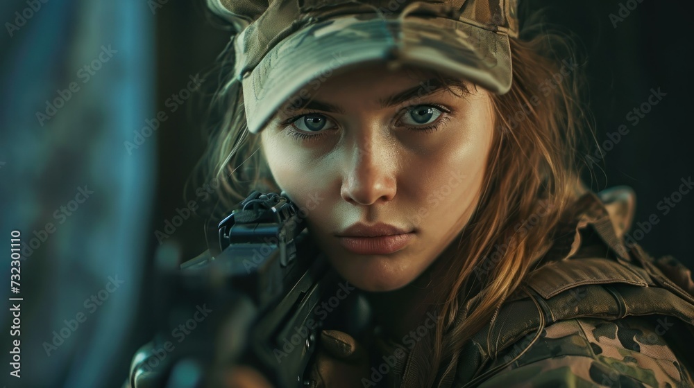 Pretty woman Sniper in ambush. Portrait of modern female soldier with rifle looking through scope. AI Generated