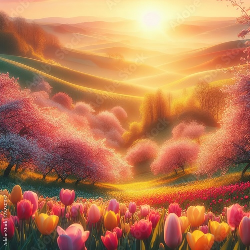 Close-up of a picturesque Easter sunrise illuminating rolling hills dotted with blossoming cherry trees and vibrant tulip fields Serene and breathtaking Ideal for creating a tranquil Easter landscape 