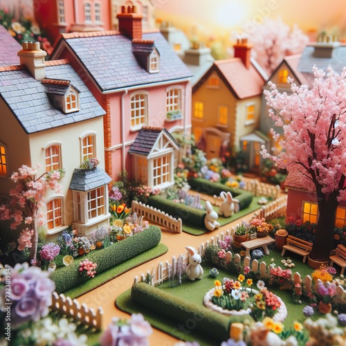 Close-up of a quaint Easter village scene with pastel-colored cottages and blooming gardens Charming and nostalgic Perfect for creating a whimsical Easter atmosphere 