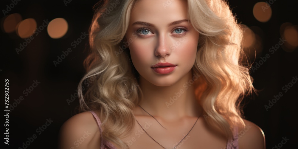Naklejka premium Portrait of a beautiful blonde woman with curly hair and blue eyes.