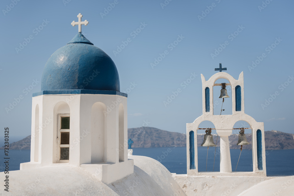 Bell tower at Theoskepasti Church overlooking the Aegean Sea in Greece