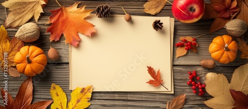 A rectangle piece of paper with Amber, Orange, Yellow, and Red autumn leaves and pumpkins rests on a wooden table, complementing the natural materials and plant surroundings.