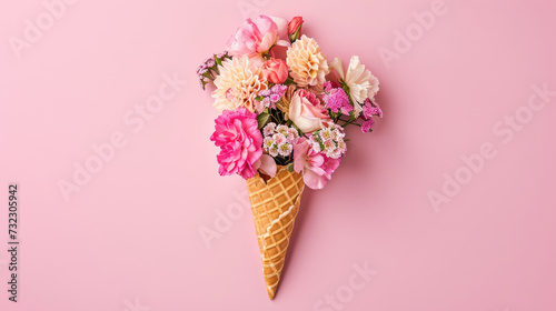 A delightful surprise unfolds: a waffle cone brimming with colorful blooms rests against a soft pink backdrop, creating a captivating centerpiece or unique gift.