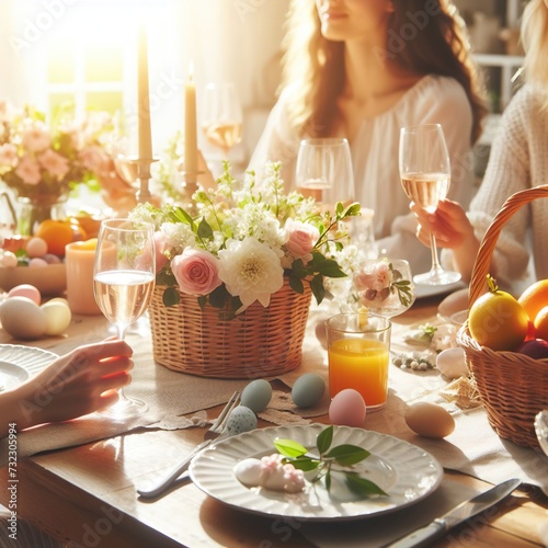 Close-up of a family gathering around a sunlit Easter brunch table adorned with fresh flowers and seasonal fruits Warm and convivial Ideal for Easter feast-themed designs 