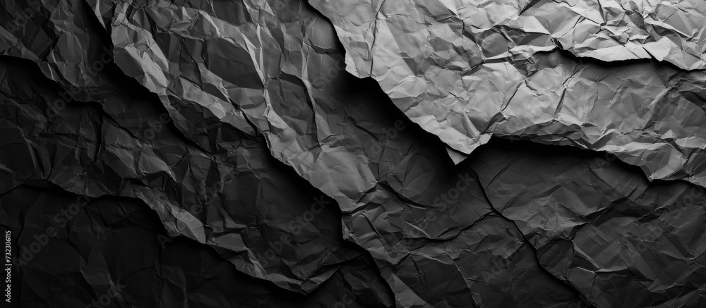 A monochrome photo of a crumpled paper on a bedrock formation, showcasing the grey landscape and natural materials.