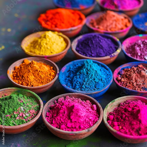 Holi color powder. Organic Gulal colours in bowl for Holi festival  Hindu tradition festive