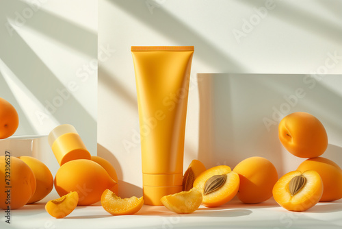 Premium Skincare Bottle Amidst Fresh Apricots, Natural Beauty Concept