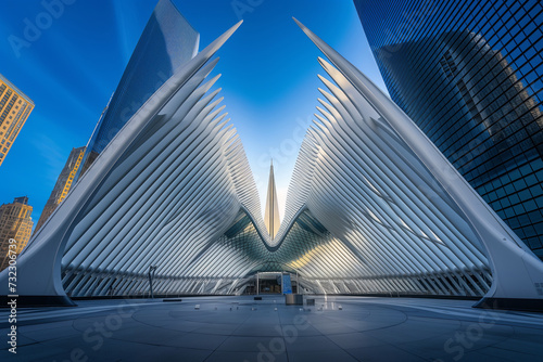 Sculptural Elegance  Futuristic Building Facade with Wing-Like Structures