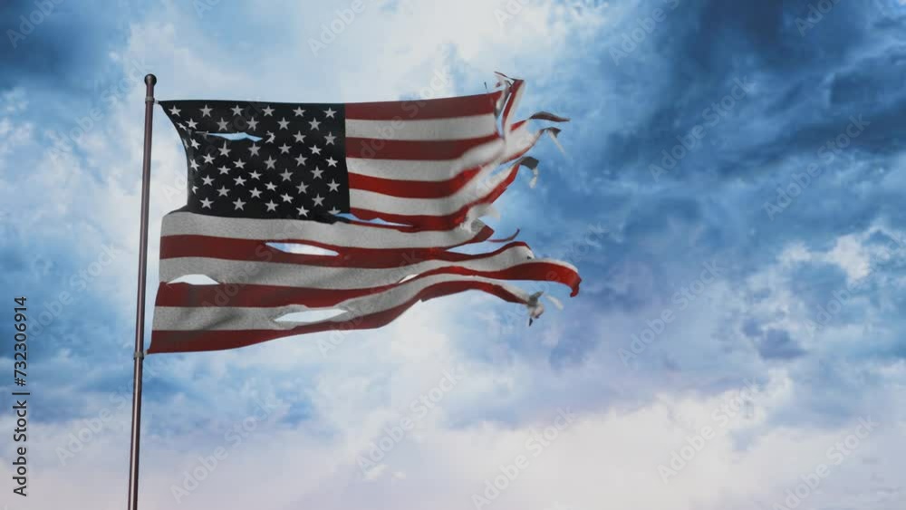USA flag torn in the wind, 3d animation.