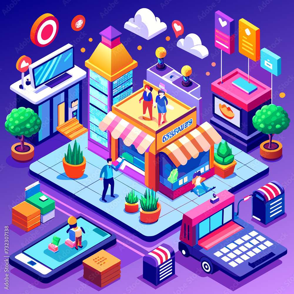 eCommerce online marketplace bustling with activity, showcasing a variety of products and services, Generative AI