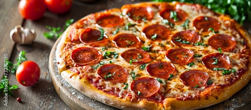 A pepperoni pizza with Pizza cheese is placed on a wooden cutting board, a delicious dish of California-style cuisine.