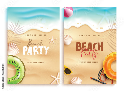Summer beach party text vector poster set design. Summer party invitation card collection with seashells and floaters beach elements in seashore sand background. Vector illustration summer party 