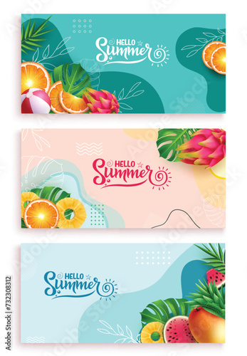 Summer hello text vector banner set. Hello summer greeting text with tropical fruits elements in abstract background lay out collection. Vector illustration summer greeting template. 
