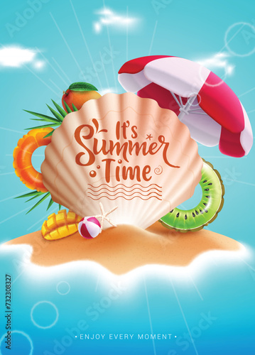 Summer time text vector poster design. It's summer time greeting text in shell clamp with umbrella, floaters and sand beach elements in blue sea background. Vector illustration summer greeting 