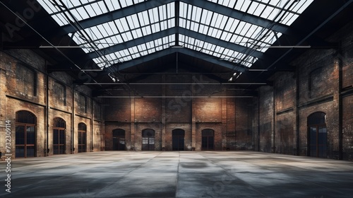 Industrial loft style empty old warehouse interior, brick wall, concrete floor and black steel roof structure.