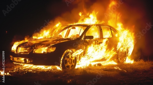 Road traffic accident. Car crash accident. Burning automobile after gas explosion at night. Auto catastrophe. Vehicle in red fire flames. Epic film special effects. Rioters arson. Vandalism concept.