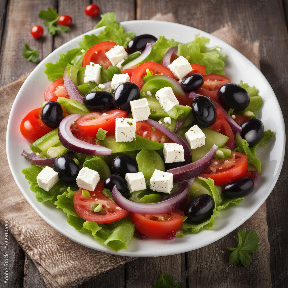 Salad of fresh tomatoes, cucumbers, cheese, olives and herbs Salad of fresh tomatoes, cucumbers, cheese, olives and herbs