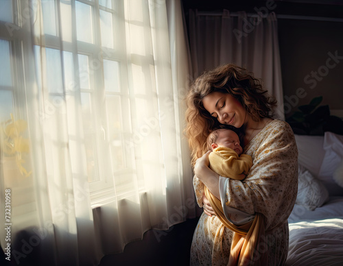 Mother Holding her Baby in her Arms While Standing Next to a Window at Home.