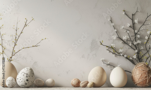 Easter Harmony: A Serene Background of Easter Eggs and Spring Blossoms © Kunojr