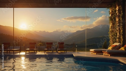 interior room with beautiful landscape, swimming pool room with the mountains view.