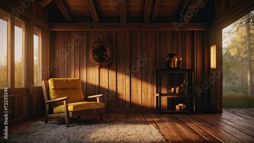 Wooden cabin house in the forest, relax and calming house interior with sunset light. © Riha