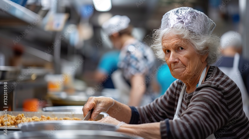 A heartwarming scene at a local shelter where community members volunteer to serve meals, embodying acts of care and compassion.