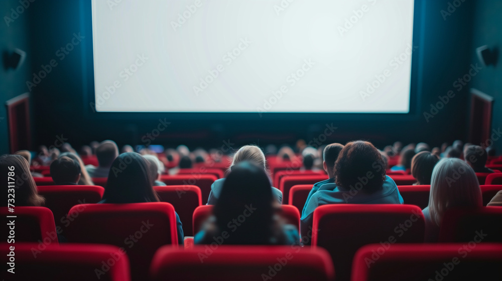 Obraz premium Cinema blank wide screen and people in red chairs in the cinema hall. Blurred People silhouettes watching movie performance. 