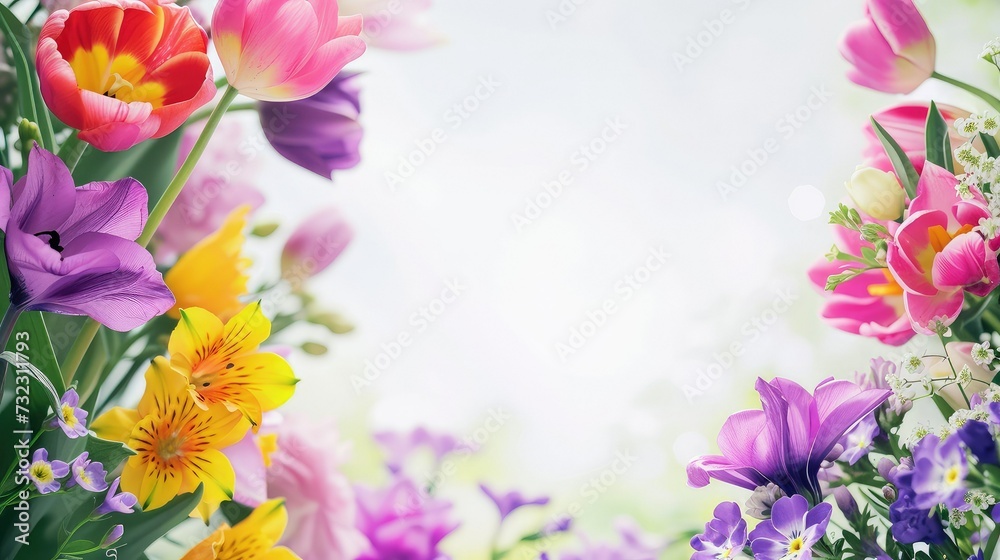 Fresh and Lively Spring flowers on white background with text space