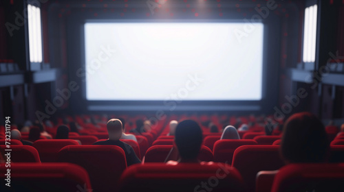 Cinema blank wide screen and people in red chairs in the cinema hall. Blurred People silhouettes watching movie performance. 