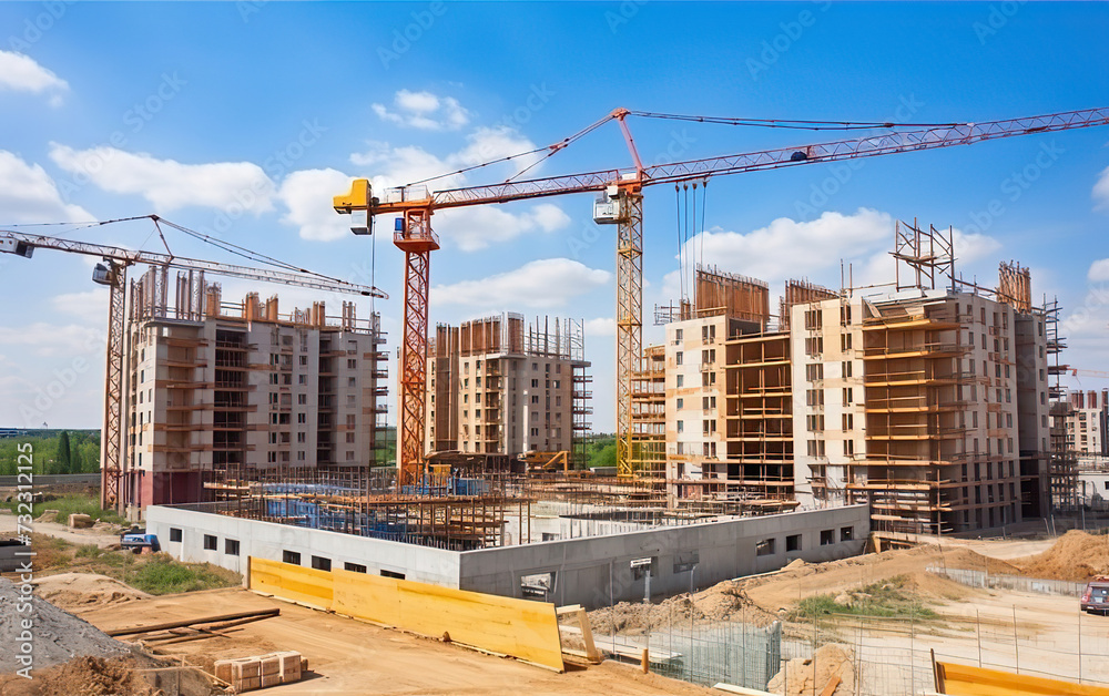 Construction site background. Hoisting cranes and new multi-storey buildings. Industrial