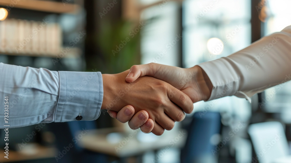 Professional handshake between business partners at modern office. Business collaboration.